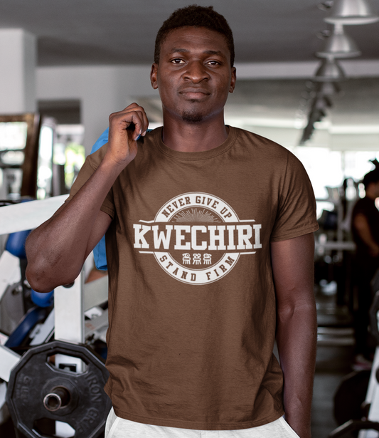 Man wearing a brown t-shirt with 'Kwechiri' branding in a gym setting