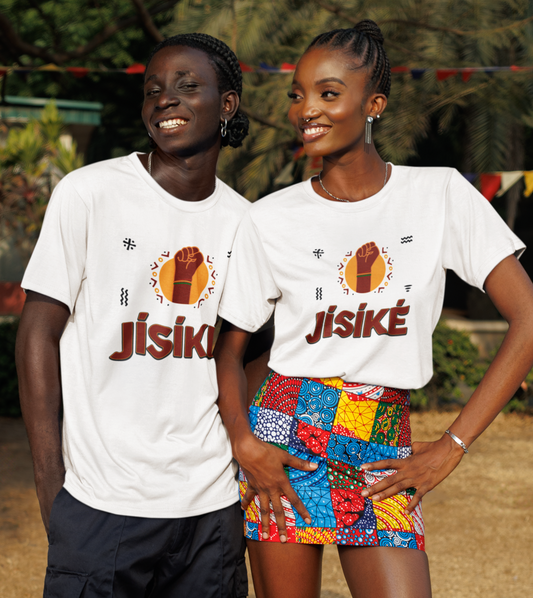 Two people wearing matching white t-shirts with a brand logo, standing outdoors.